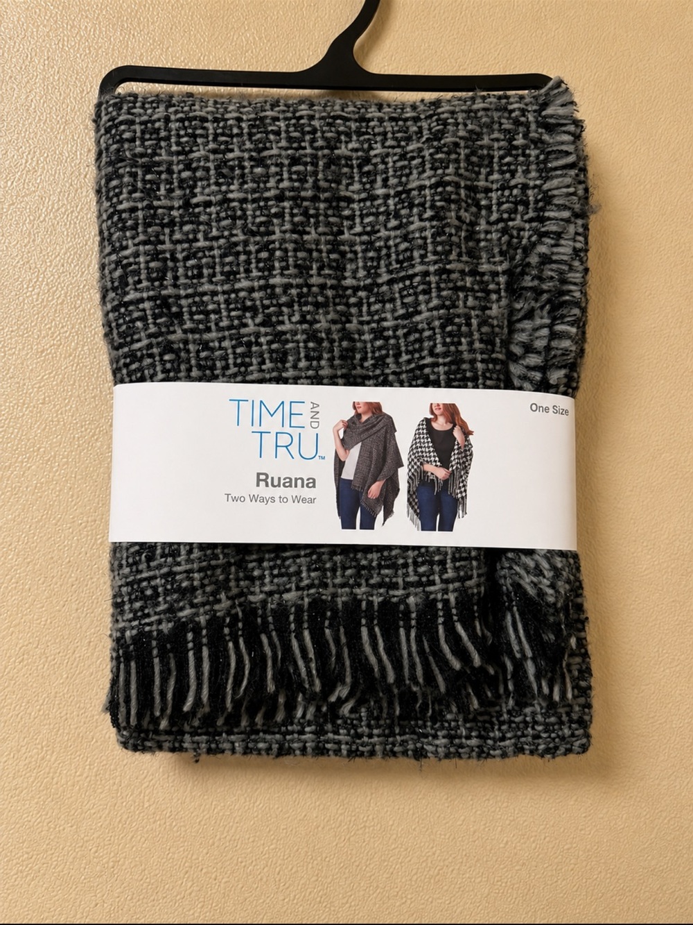 Time and Tru Black & Gray Plaid Ruana with Fringe NWT